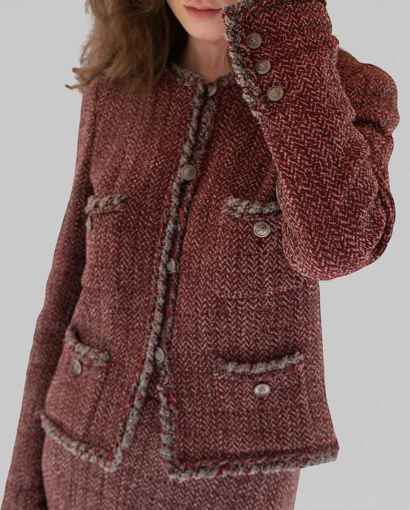 CHANEL 08A BURGUNDY GREY BRAIDED TRIM TWEED JACKET BLAZER FR 38