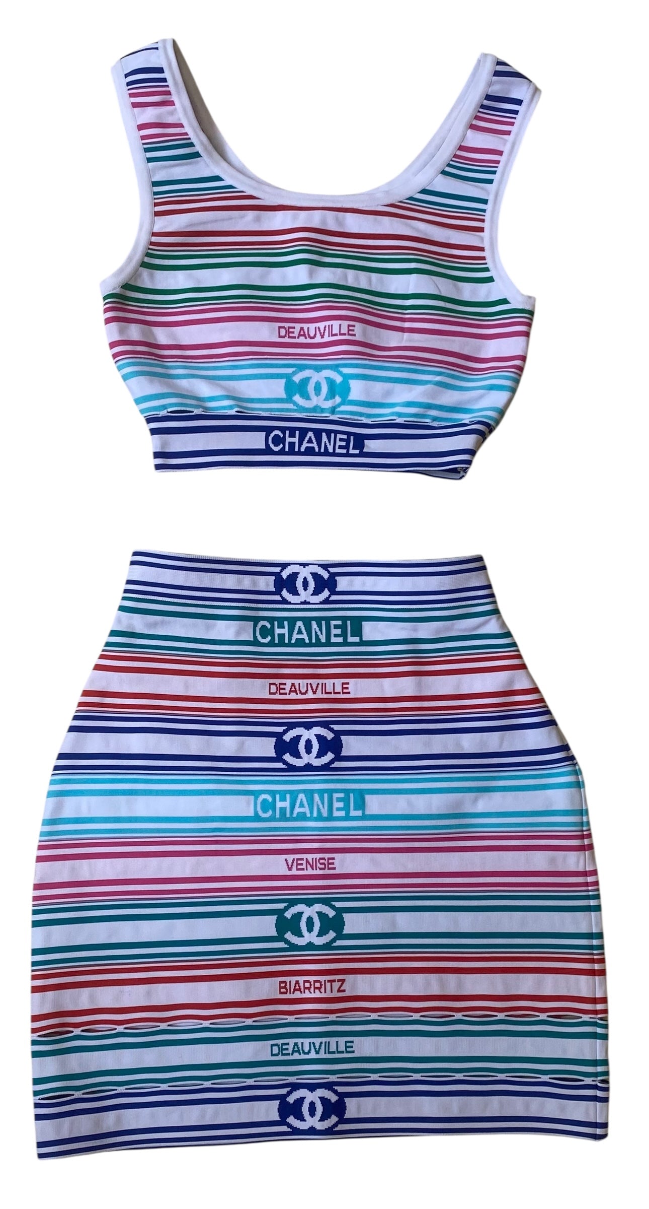 Chanel 19P Multicolor Stripe Crop Top and Skirt Set FR 36