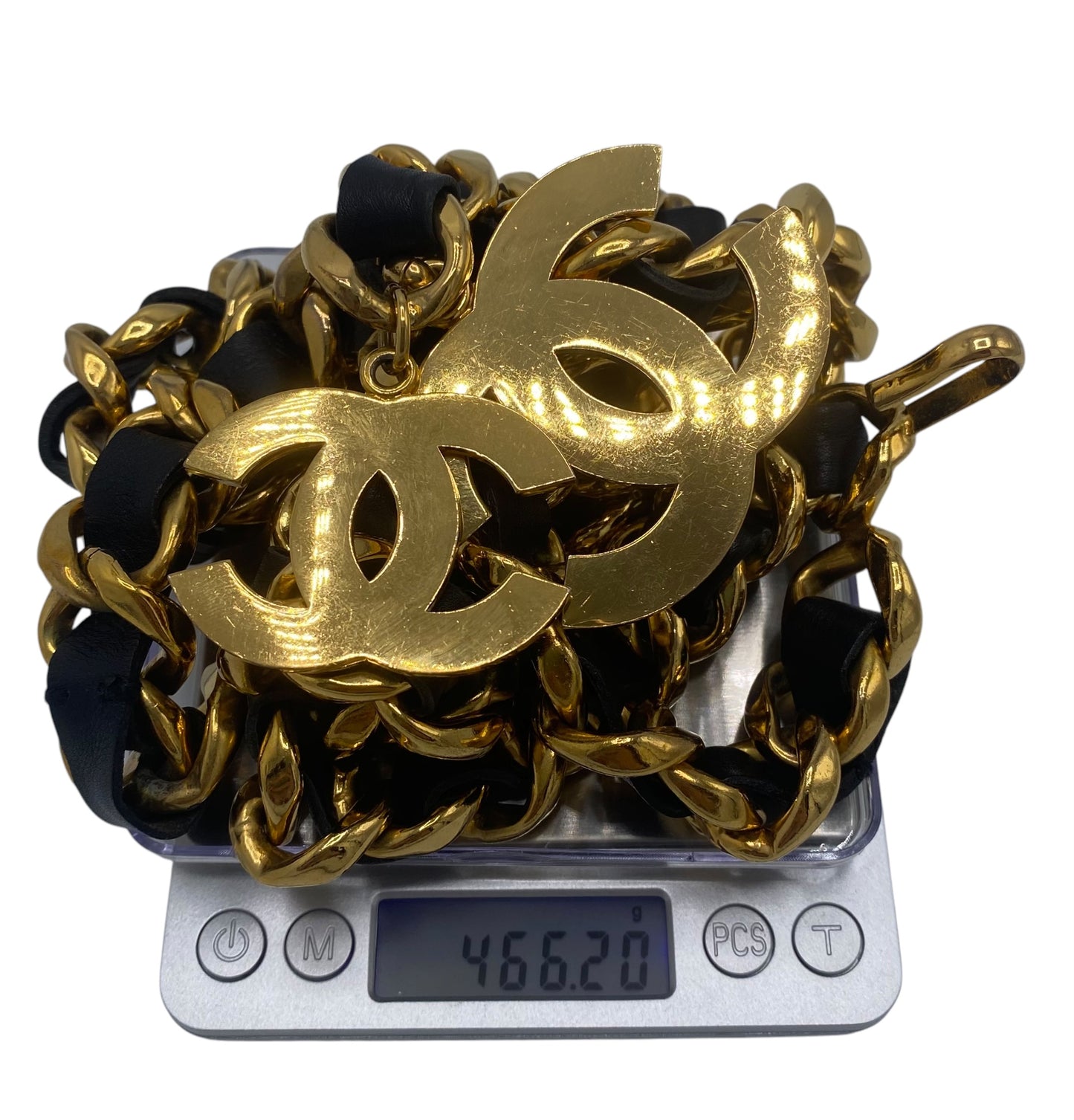 Iconic Vintage Chanel 93P Jumbo Gold Chain CC Logo Black Leather Belt Necklace