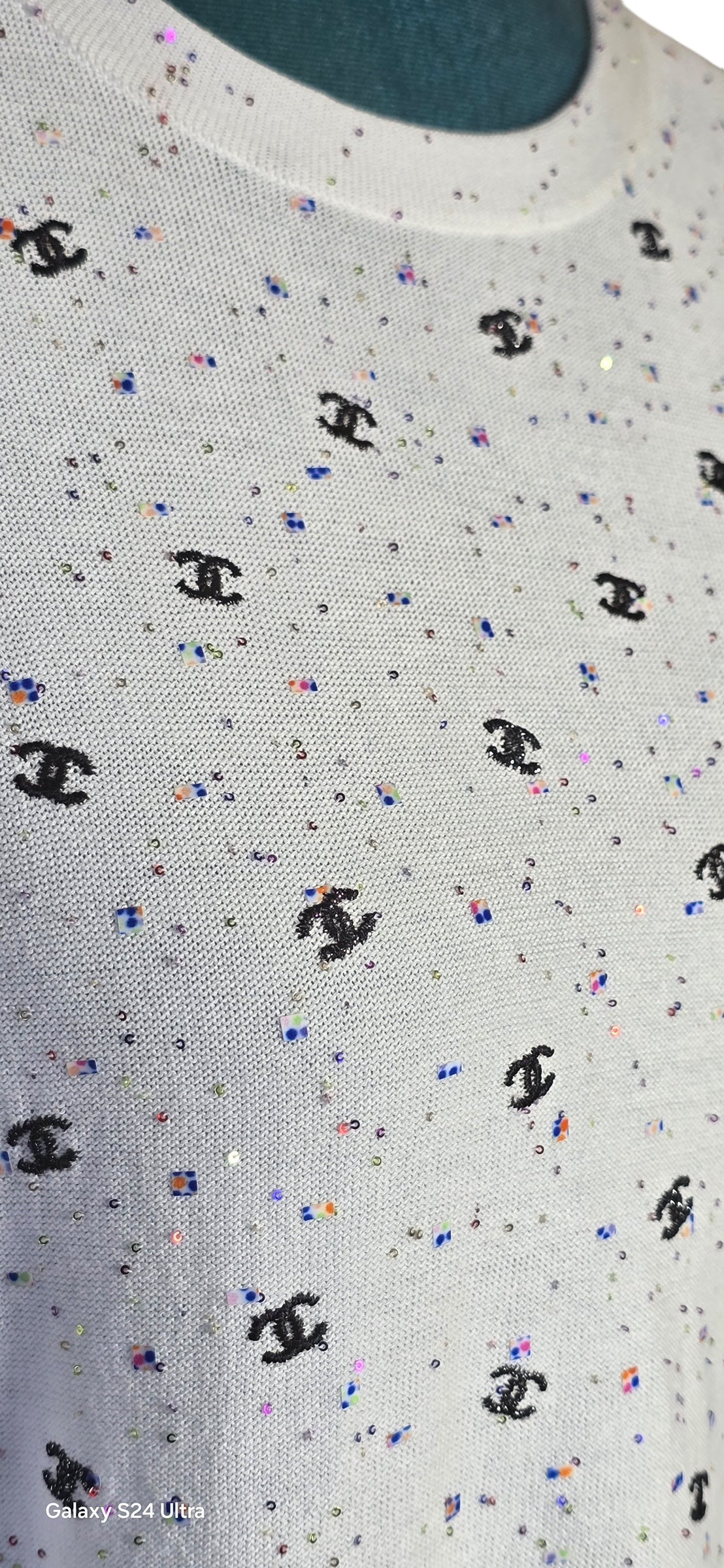 Chanel 20S White CC Logo Sequin Embroidered Long Sleeve Top FR 42