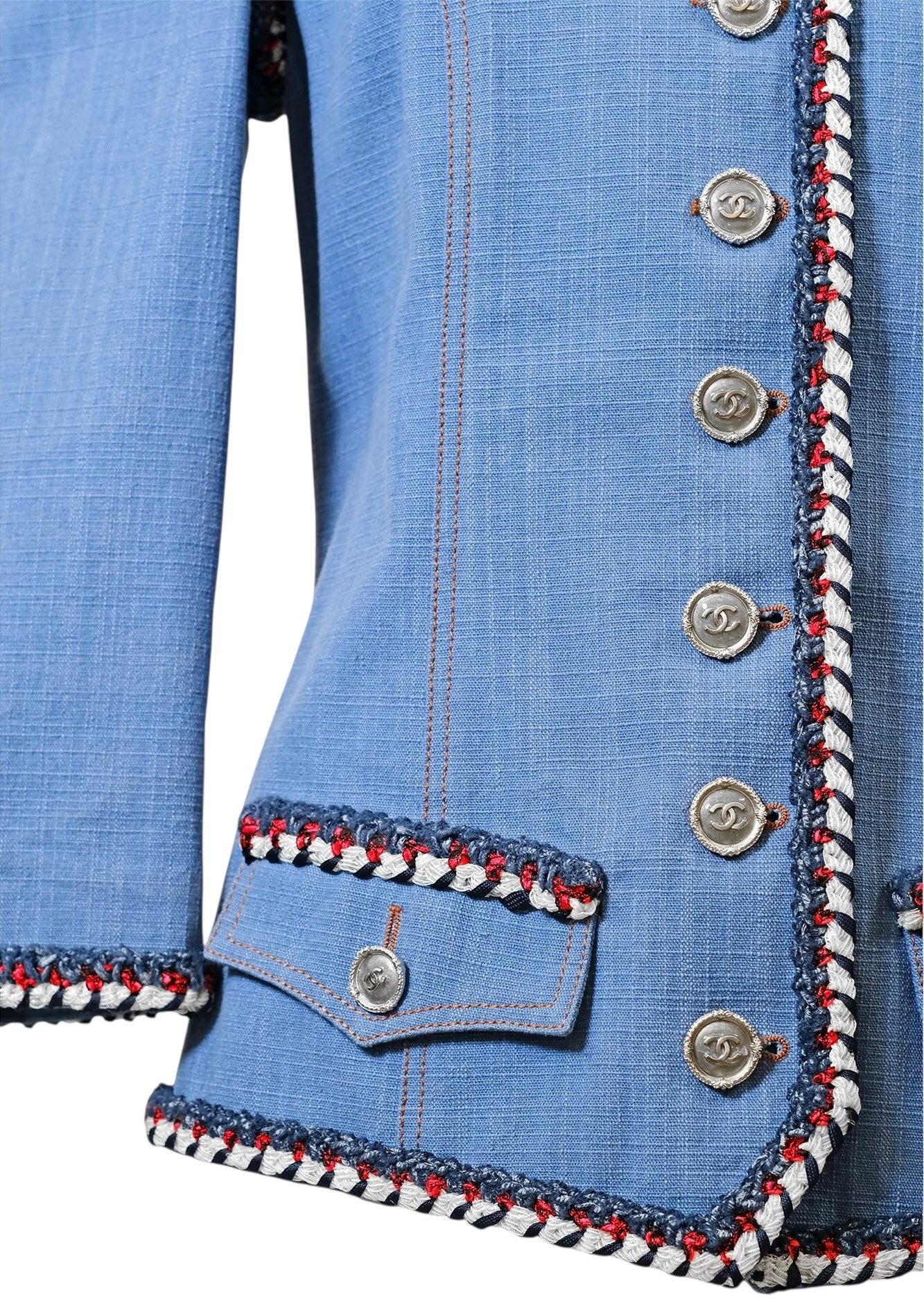 Chanel 13C Paris-Versailles Runway Blue Denim Braided Trim Jacket FR 38