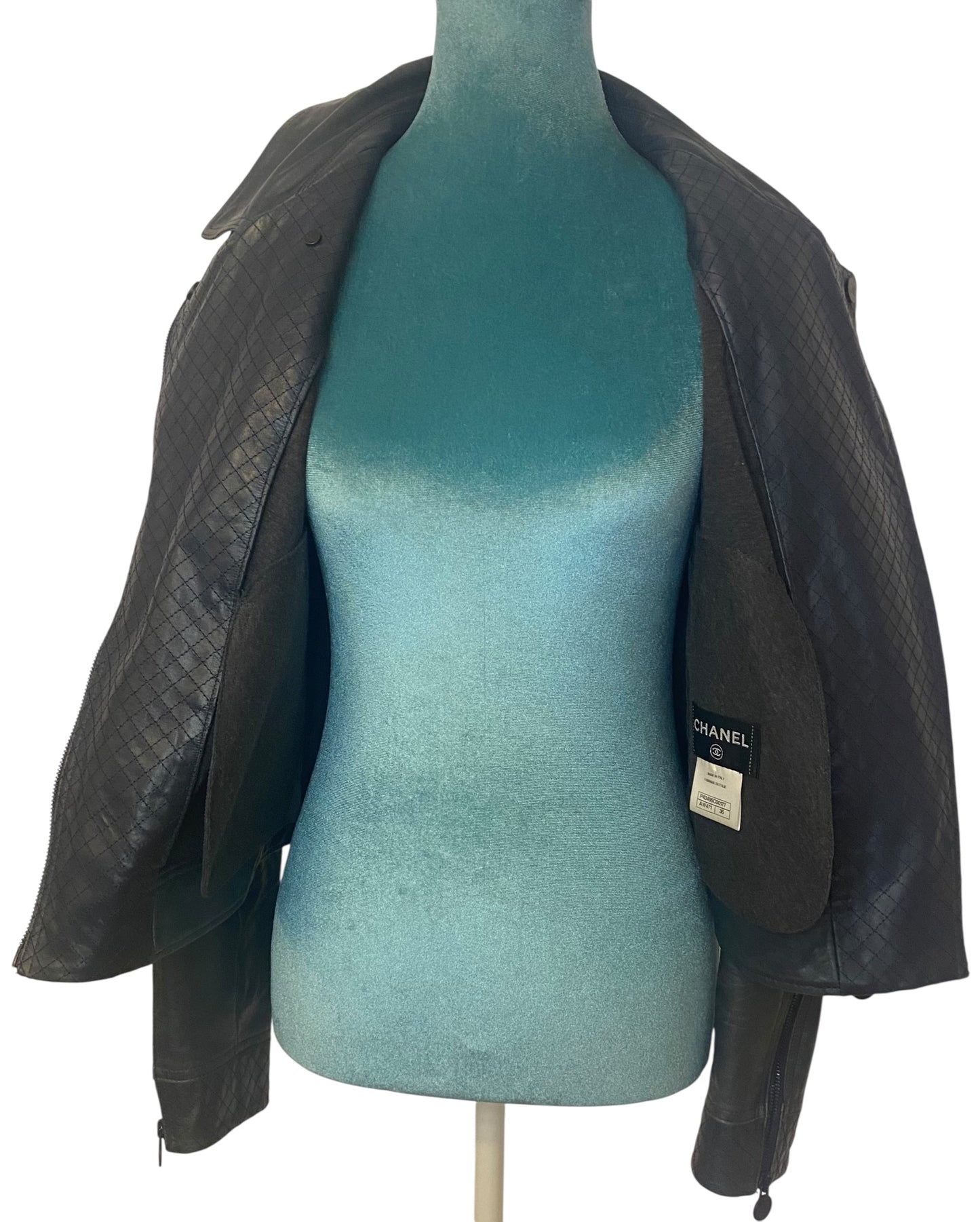 Chanel 12P Navy Blue Petrol Quilted Leather Biker Jacket FR 36