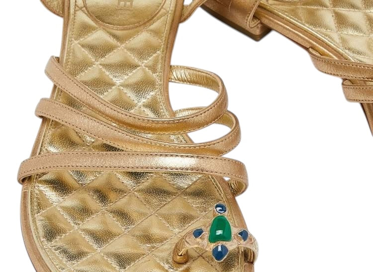 Chanel 15P Gold Metallic Jeweled Gladiator Sandal Flats EU 38.5