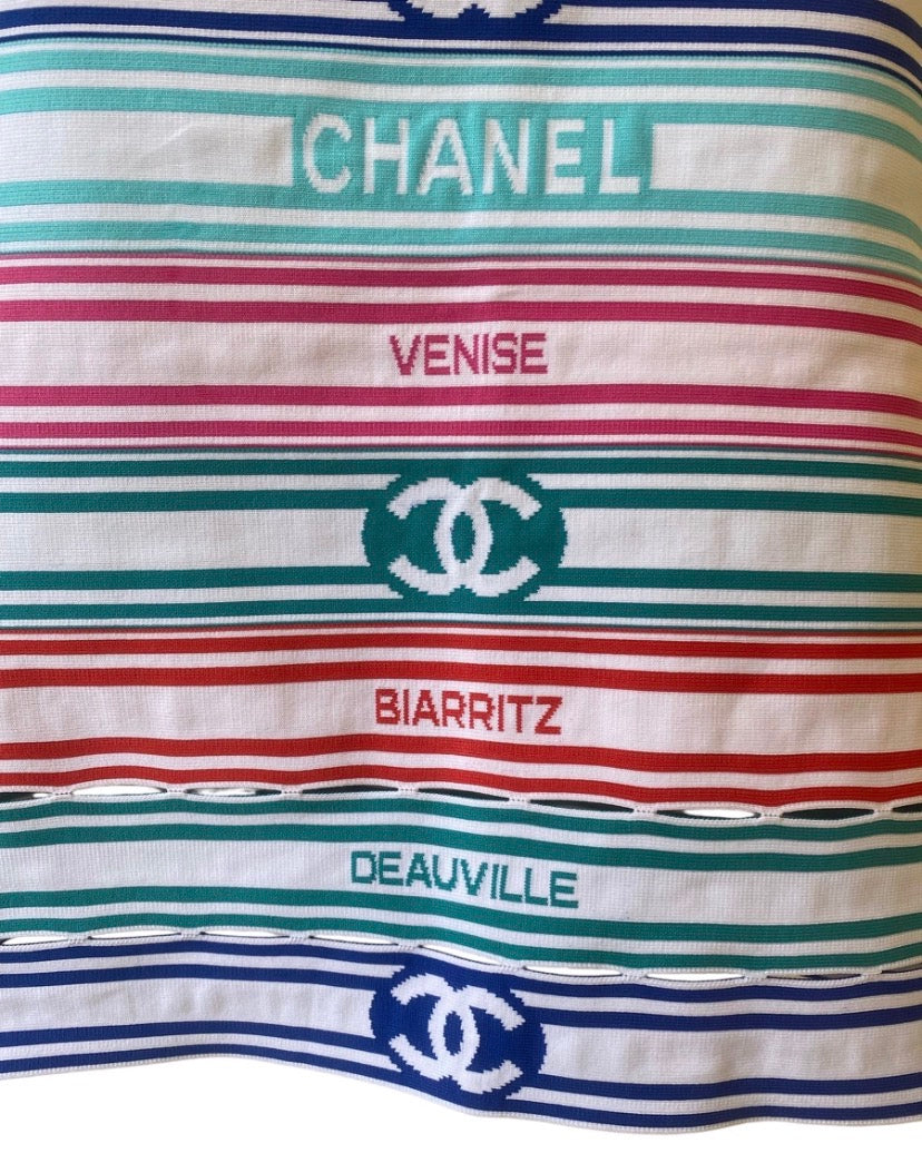 Chanel 19P Sand by the Sea Multicolor Stripe Crop Top Skirt Set FR 36