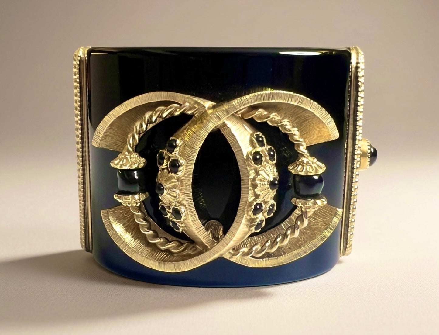 Rare Chanel 16A Paris Seoul Black Pearl Gold Wide Statement Cuff Bracelet