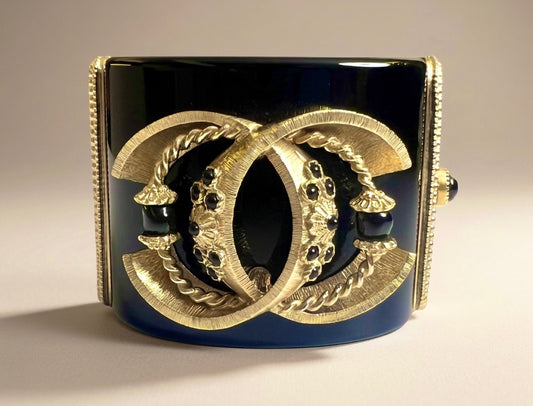 Rare Chanel 16A Paris Seoul Black Pearl Gold Wide Statement Cuff Bracelet