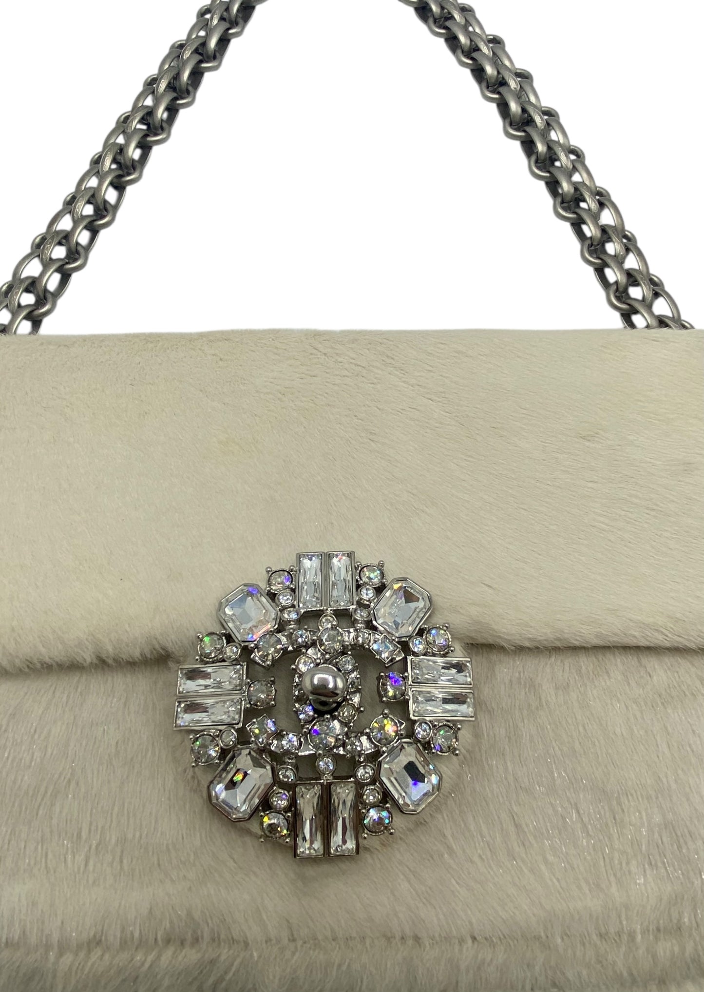 Rare Chanel White Shimmer Pony Hair Swarovski Crystal Chain Around Classic Medium Flap Bag