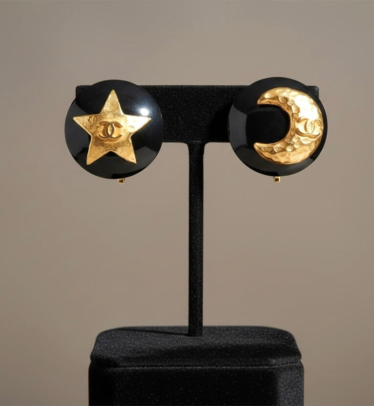 Rare Chanel 96P Vintage Large Resin Star & Moon Black 24K Gold Plated Clip-On Earrings