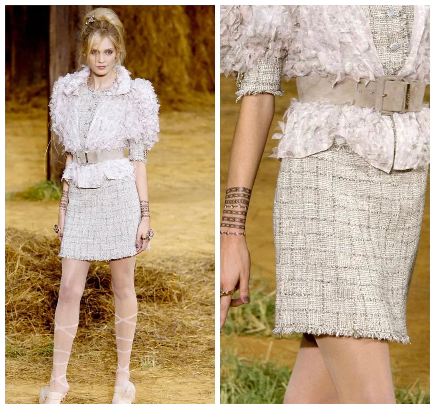 Chanel 10P Fantasy Tweed Beige Metallic Gold Jacket Skirt Suit Set FR 42/44