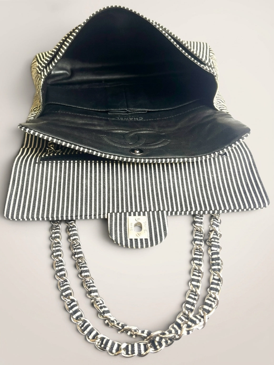 Chanel 08C Medium Black White Stripe Denim Canvas Classic Double Flap Bag