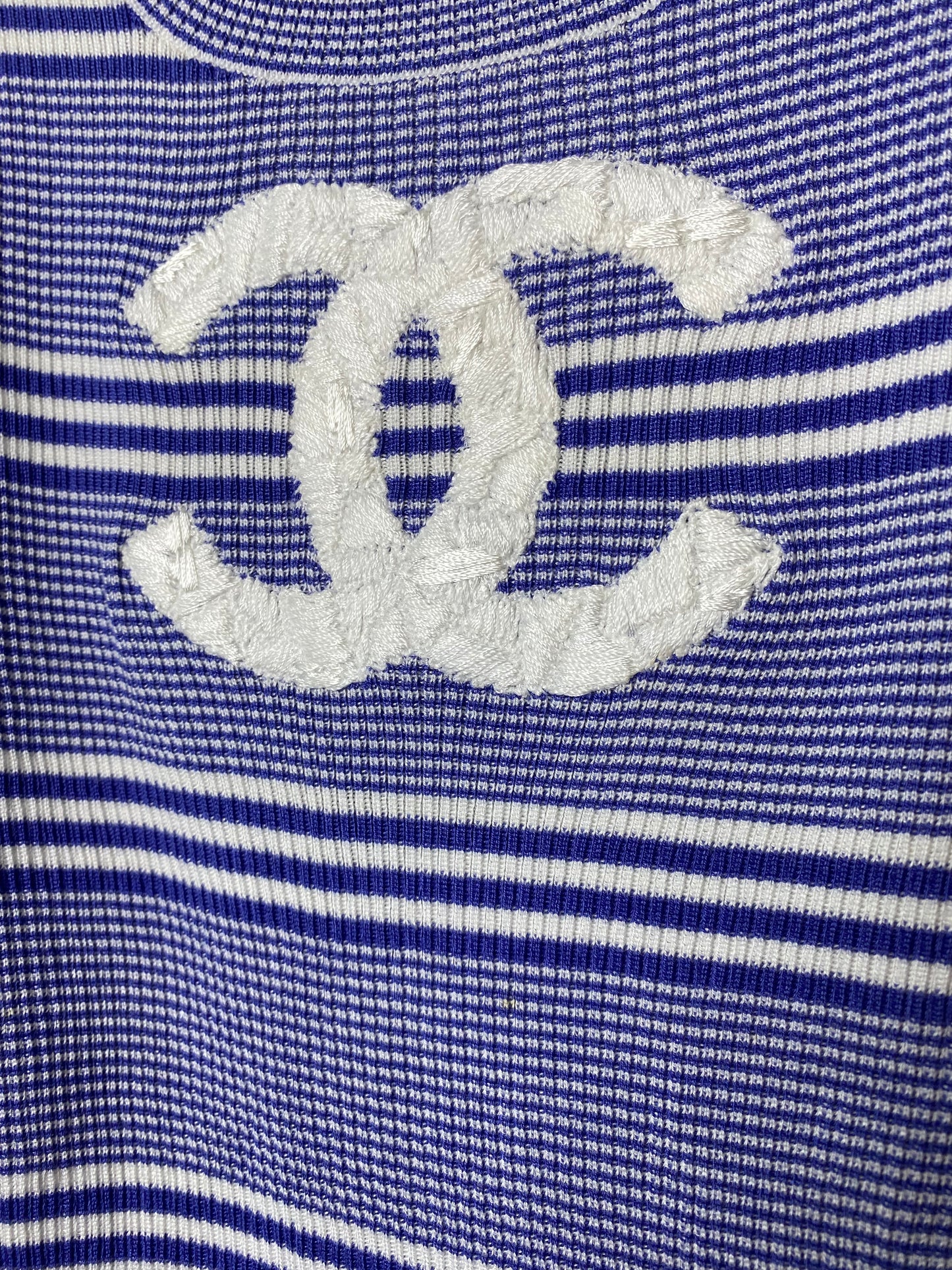Chanel 19C La Pausa Blue White Striped Cotton Knit CC Logo Tank Top Blouse FR 38