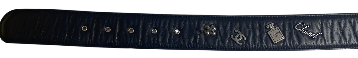 Chanel 12P Lucky Charms Black Distressed Glazed Calfskin Leather Belt Size 85/34