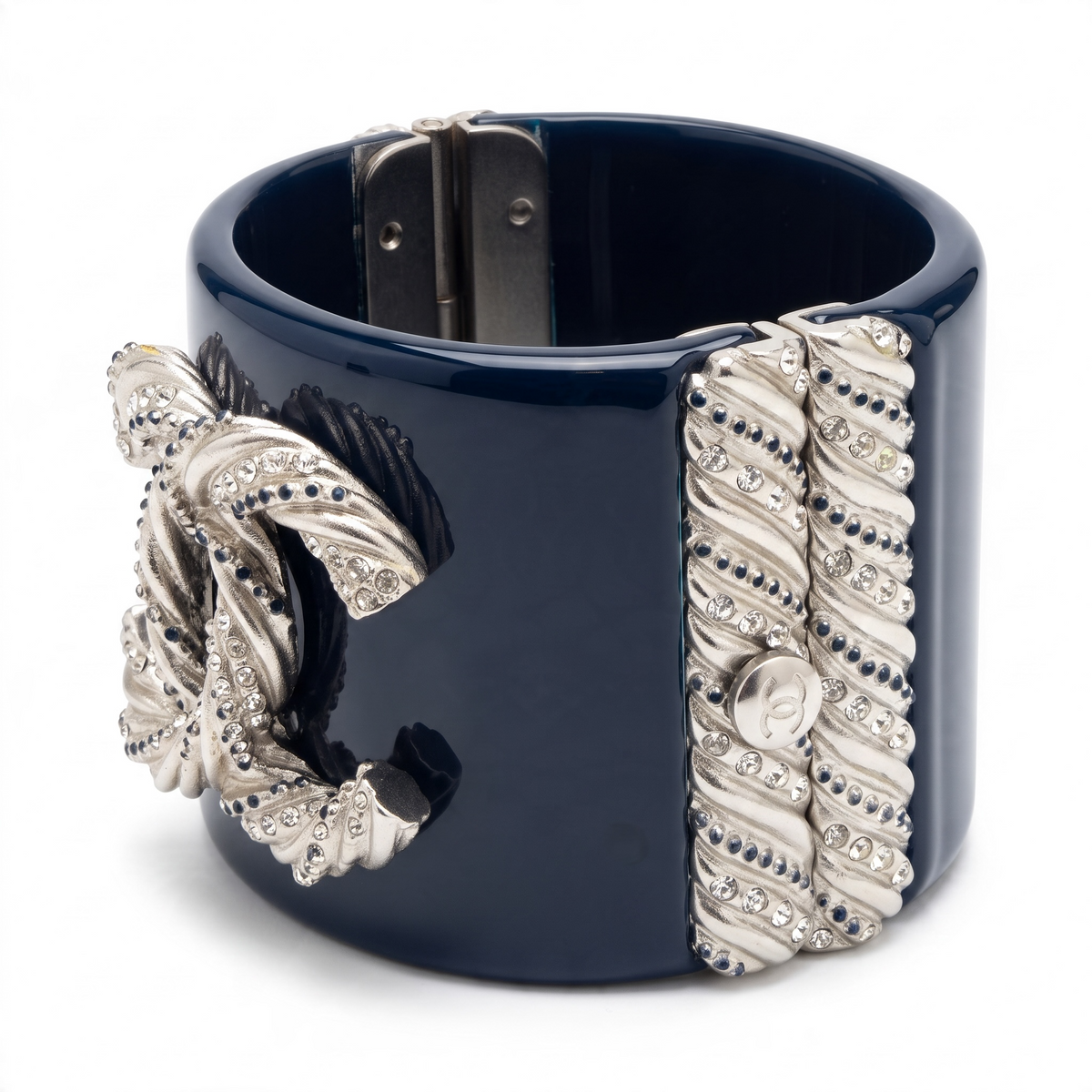 Rare Chanel 13P Navy Blue Silver Crystals Lucite Statement Bracelet Cuff