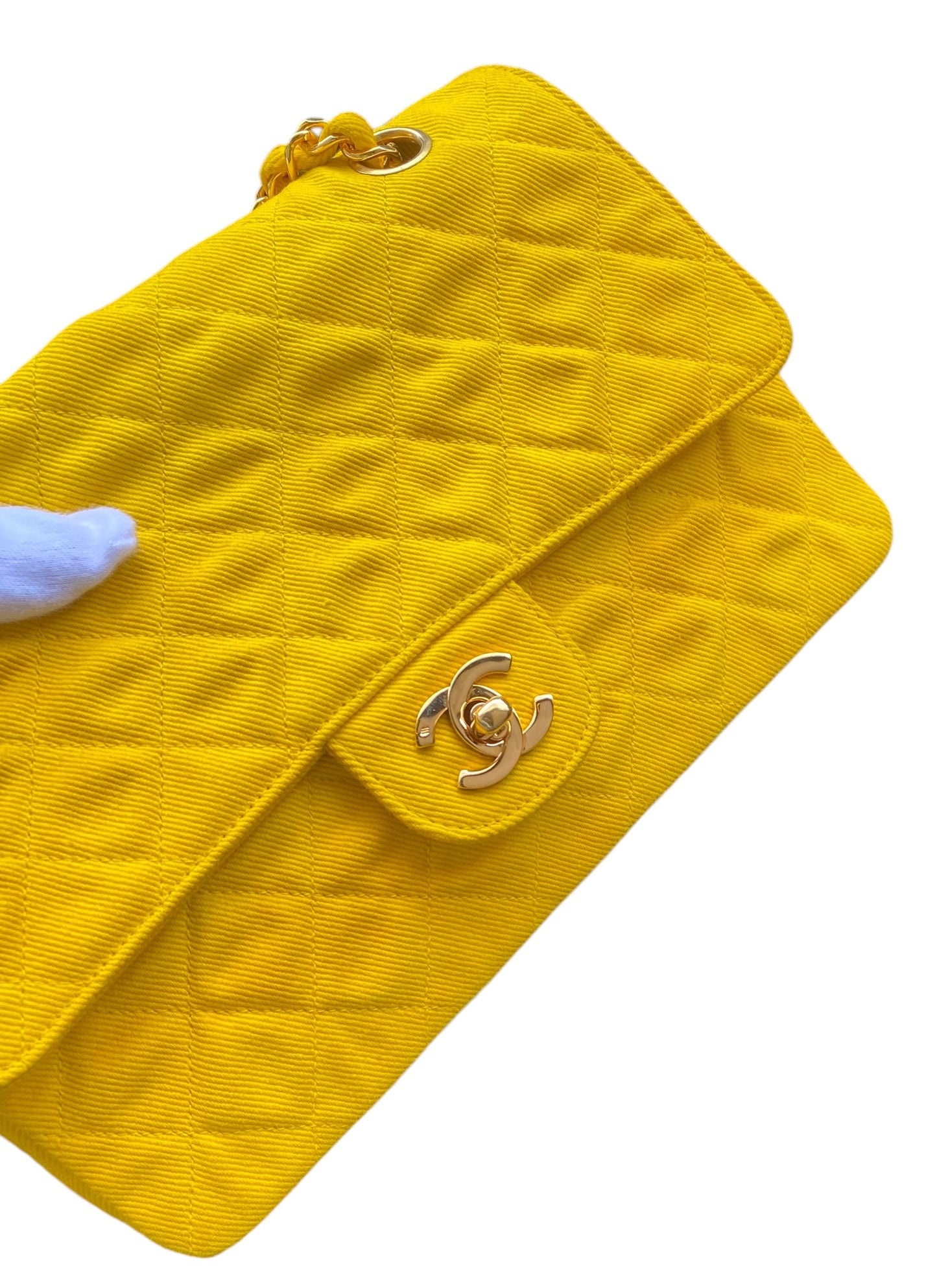 Vintage Chanel 90’s Yellow Denim Medium Classic Flap Bag 24K Gold Hardware