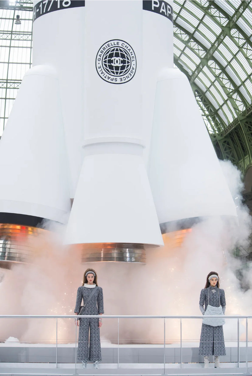 Chanel 17A Space Station Black Boucle Wool Double Breast Long Wool Coat FR 38