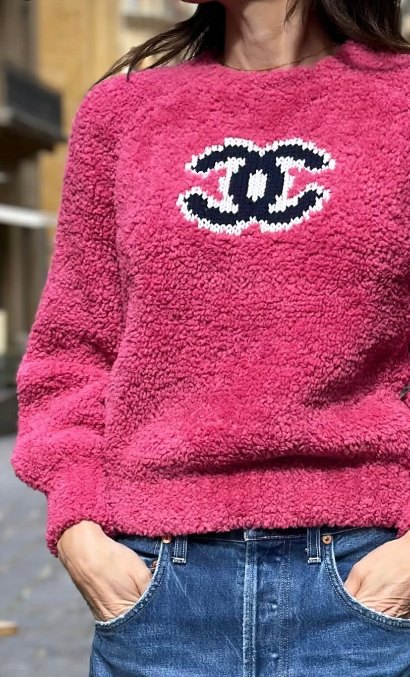 Chanel 19A Pink CC Teddy Sweater Wool Jumper FR 34
