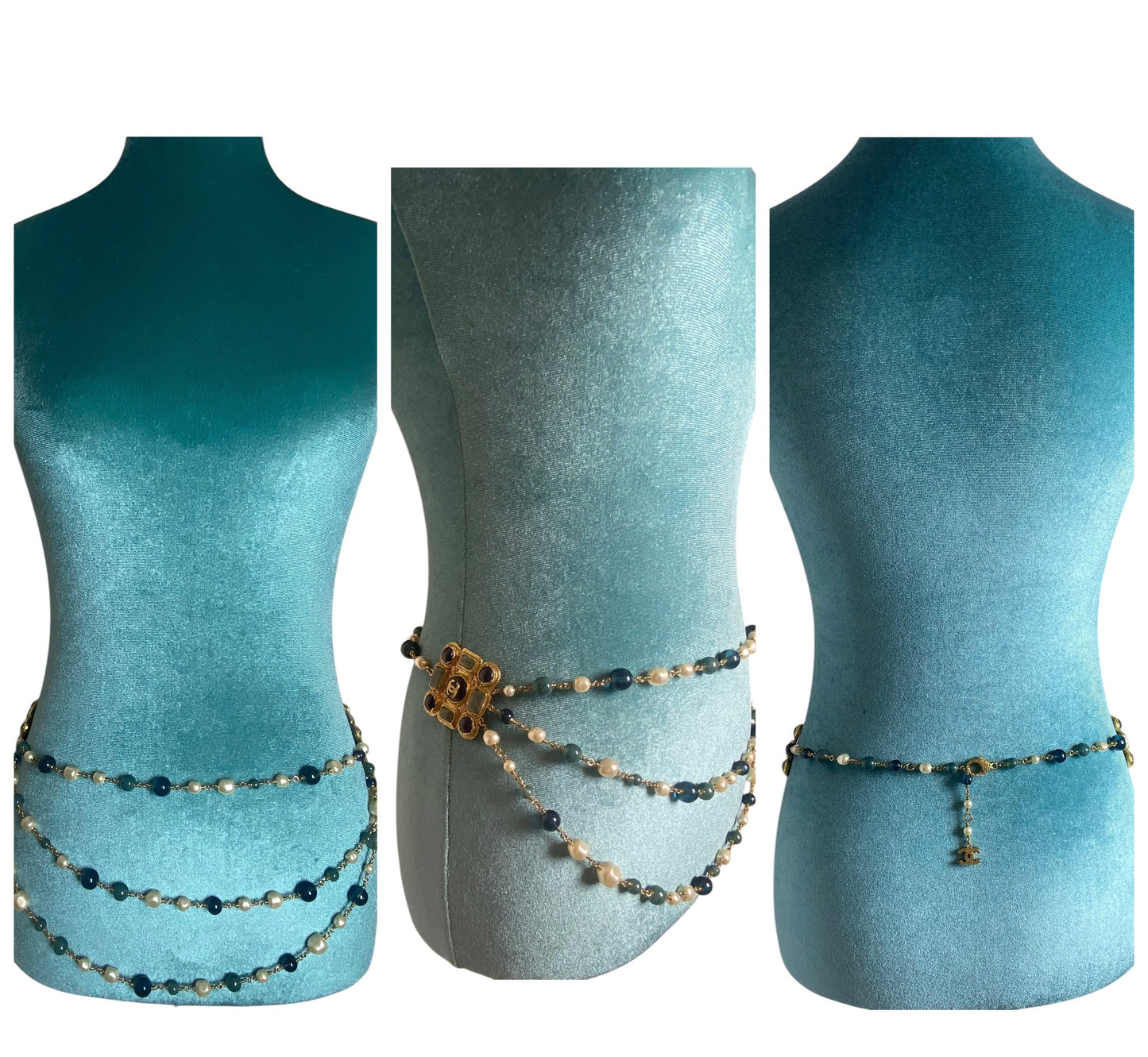 Chanel 11A Paris-Byzance 3 Strand Pearl Medallion Gold Green Blue Necklace/Belt