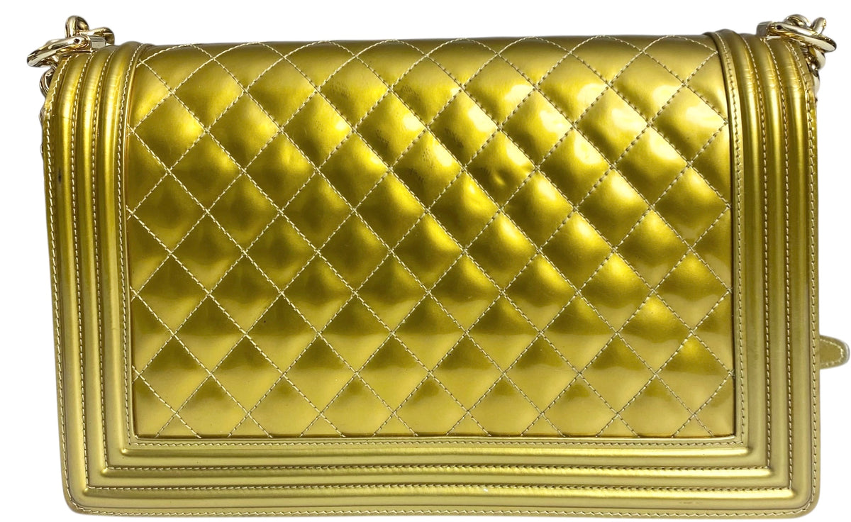Chanel New Medium Boy Metallic Gold Patent Calfskin Leather GHW