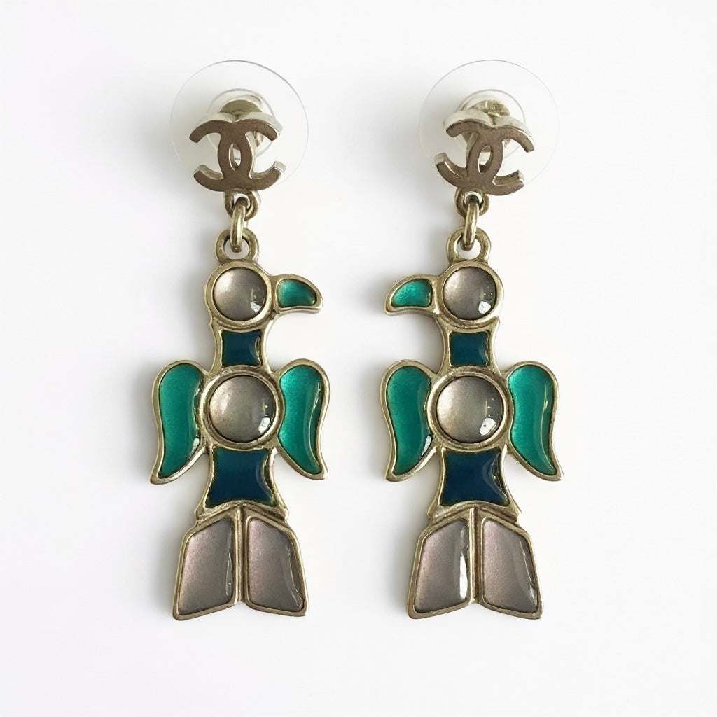 Rare Chanel 07A CC Aztec Bird Multicolor Gripoix Stone Drop Earrings