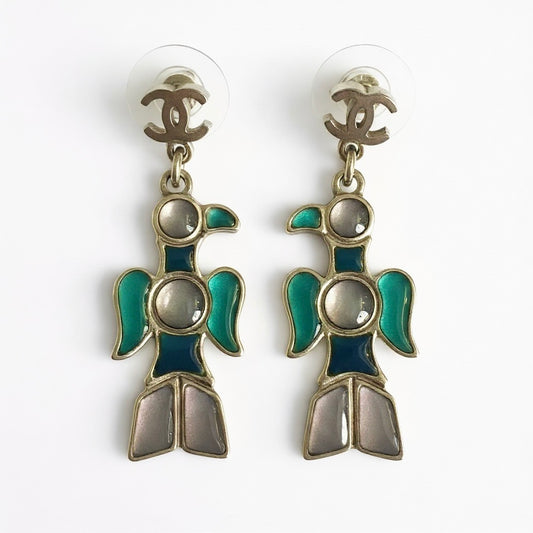 Rare Chanel 07A CC Aztec Bird Multicolor Gripoix Stone Drop Earrings