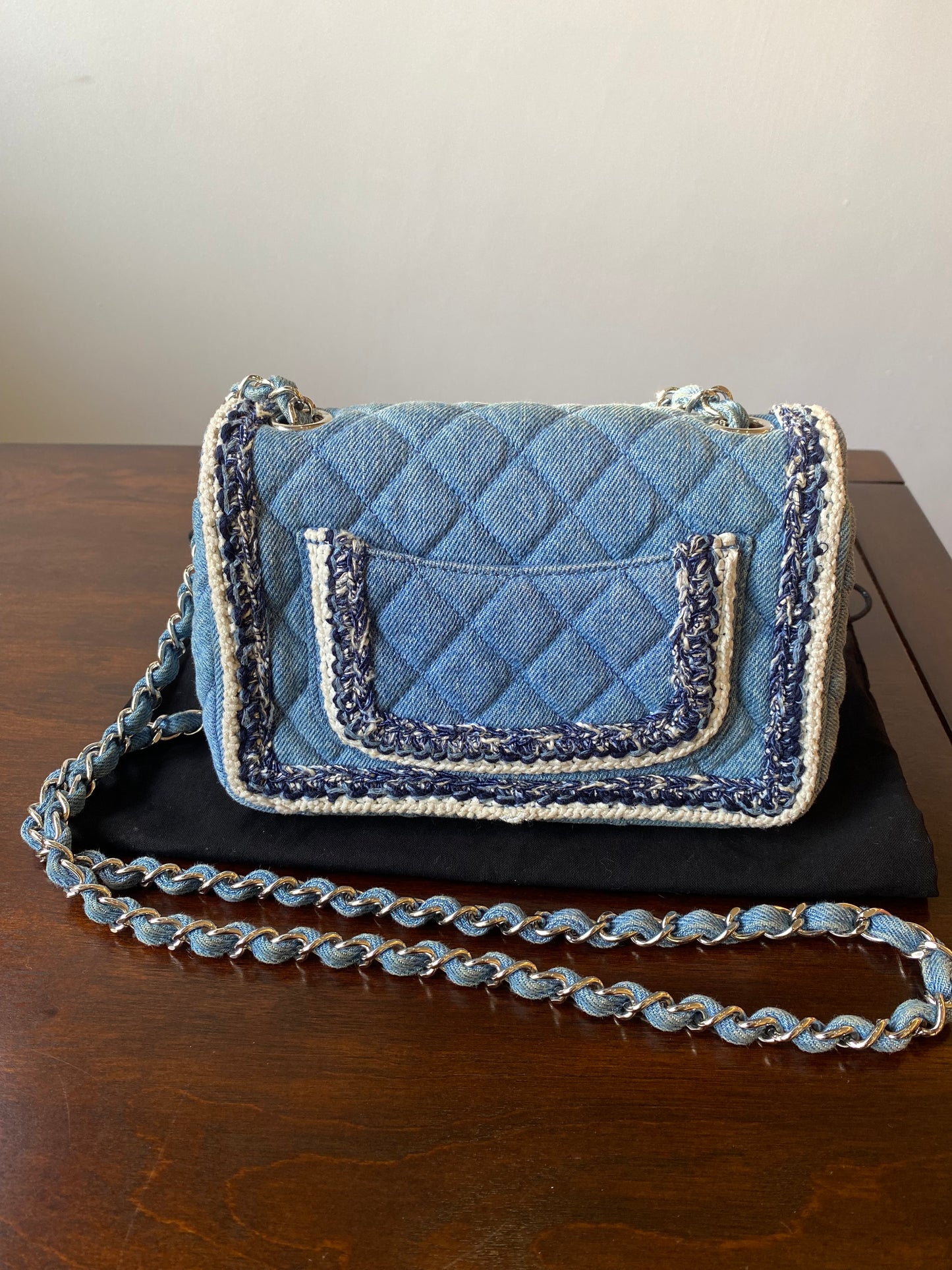 Chanel 2019 Mini Small Light Blue Denim Braided Trim Classic Flap Bag