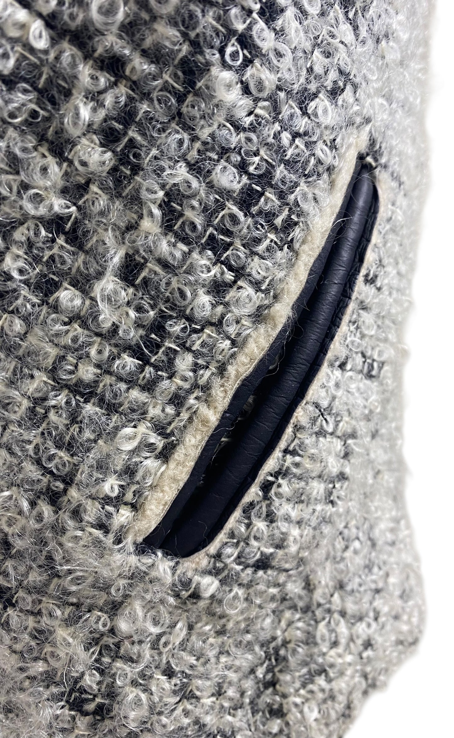 Chanel 10A Shanghai Shearling Tweed CC Grey Black Leather Trim Jacket Coat FR 36