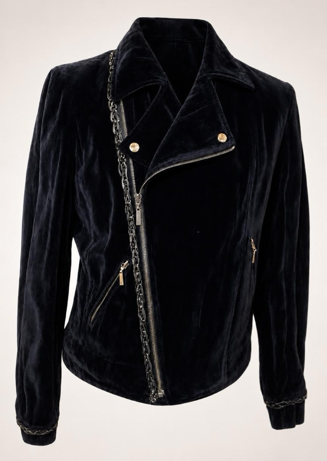 Rare Chanel 06A Runway Black Washed Velvet Bomber Biker Jacket FR 48