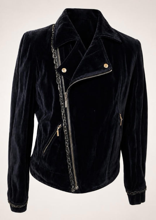 Rare Chanel 06A Runway Black Washed Velvet Bomber Biker Jacket FR 48
