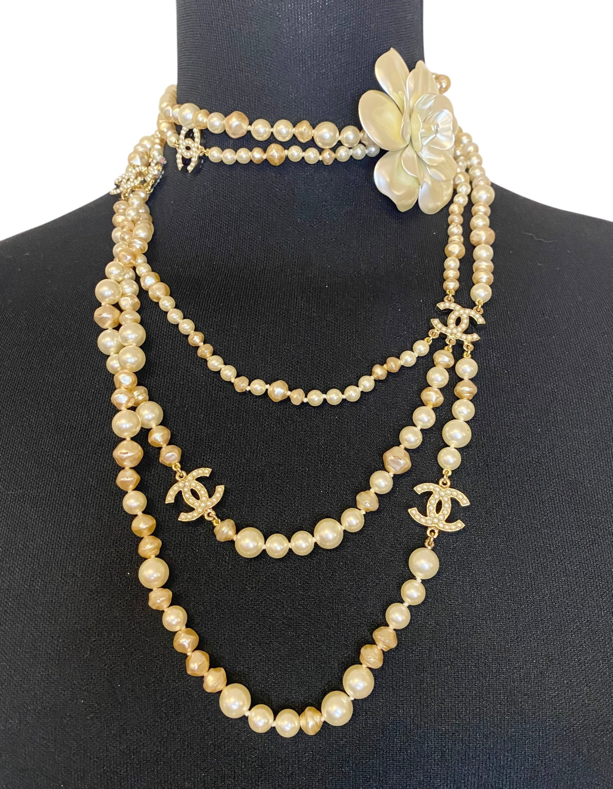Rare Chanel 09A Extra Long 3 Strand 10 CCs Metal Camellia Long Statement Necklace GHW