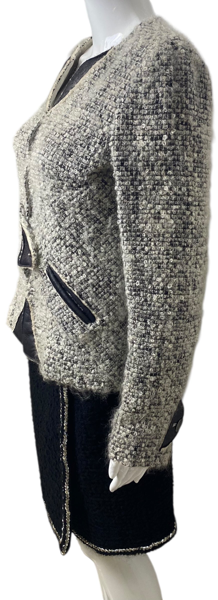 Chanel 10A Shanghai Shearling Tweed CC Grey Black Leather Trim Jacket Coat FR 36