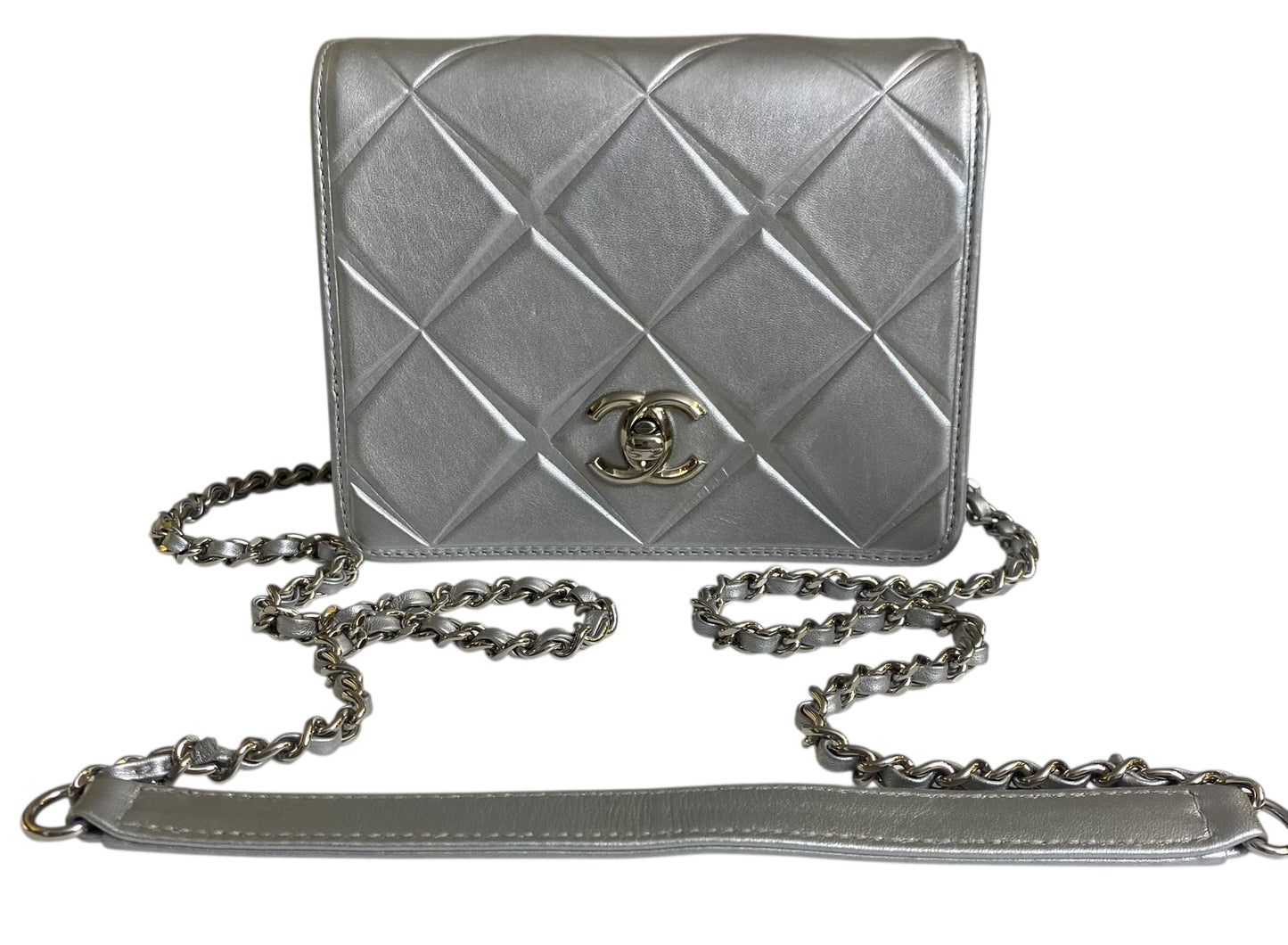 Chanel Airlines 16P Mini Propellor Metallic Calfskin Silver Flap Bag