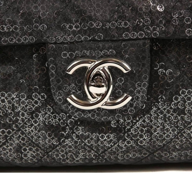 Chanel Black Hidden Sequins Mesh Jumbo Classic Flap Bag Silver Hardware