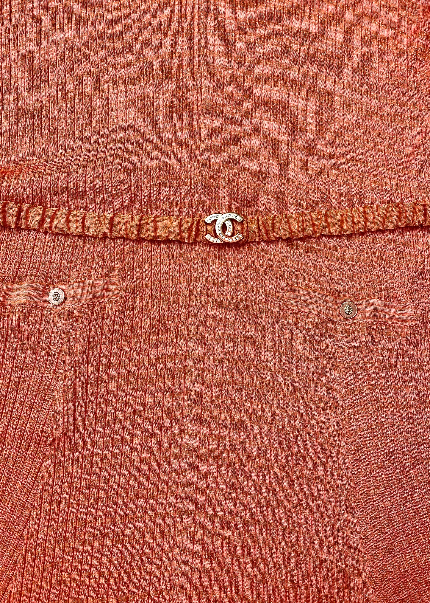 CHANEL 22P PINK CORAL ORANGE RIBBED METALLIC LUREX COLLARED MAXI DRESS FR 46
