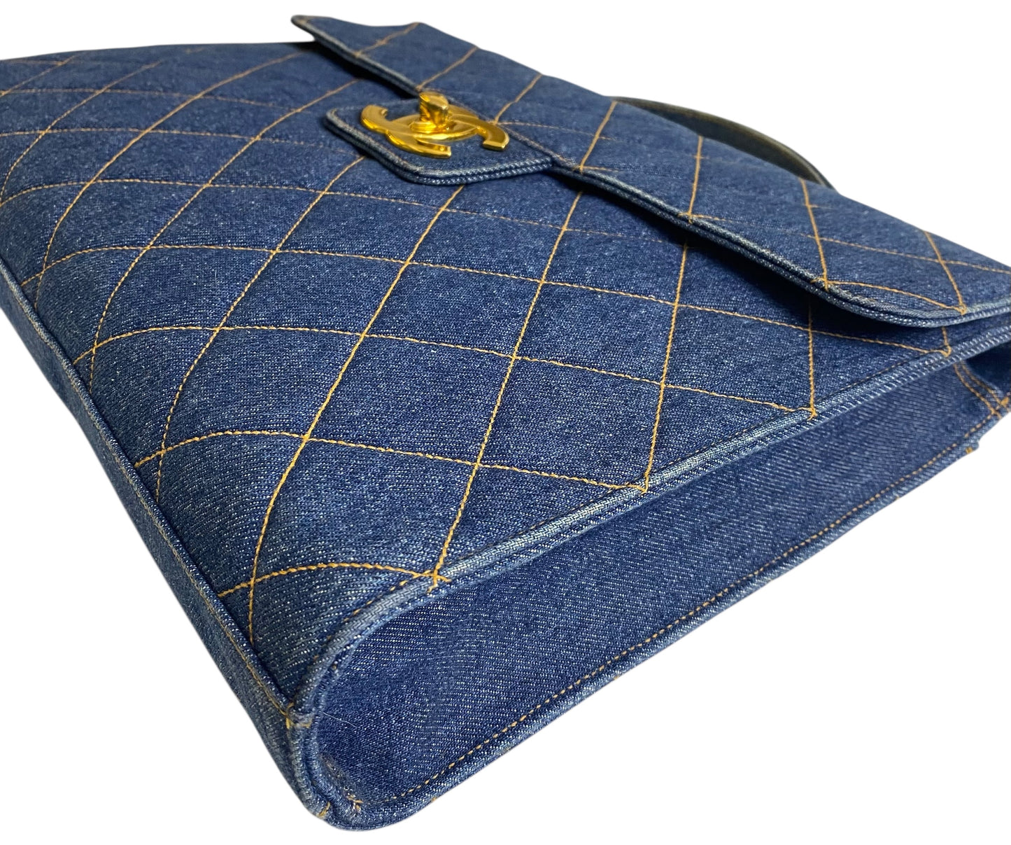 Chanel Vintage 1996 XL Blue Denim Quilted Jumbo Top Handle Briefcase Handbag