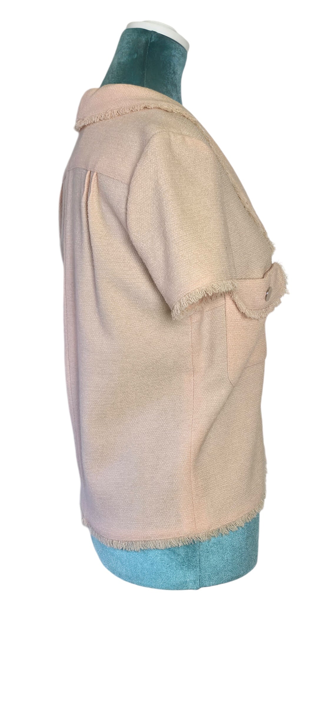 Chanel 2008 Runway Coco Line Pink Wool Boucle Short Sleeve Top Blouse Jacket FR 36