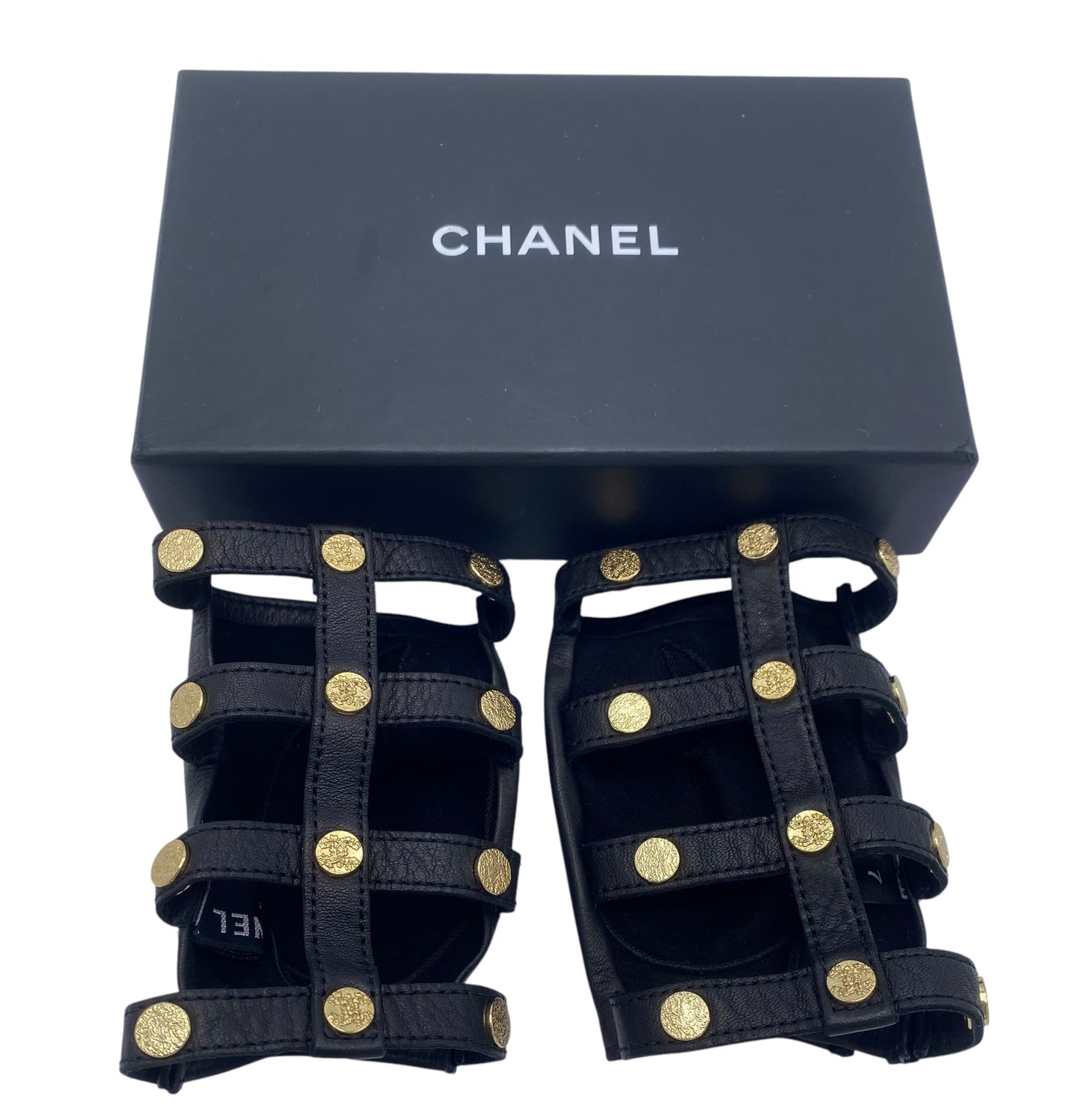 Rare Chanel 18C Paris-Greece Runway Black Leather Fingerless Gloves Size 7