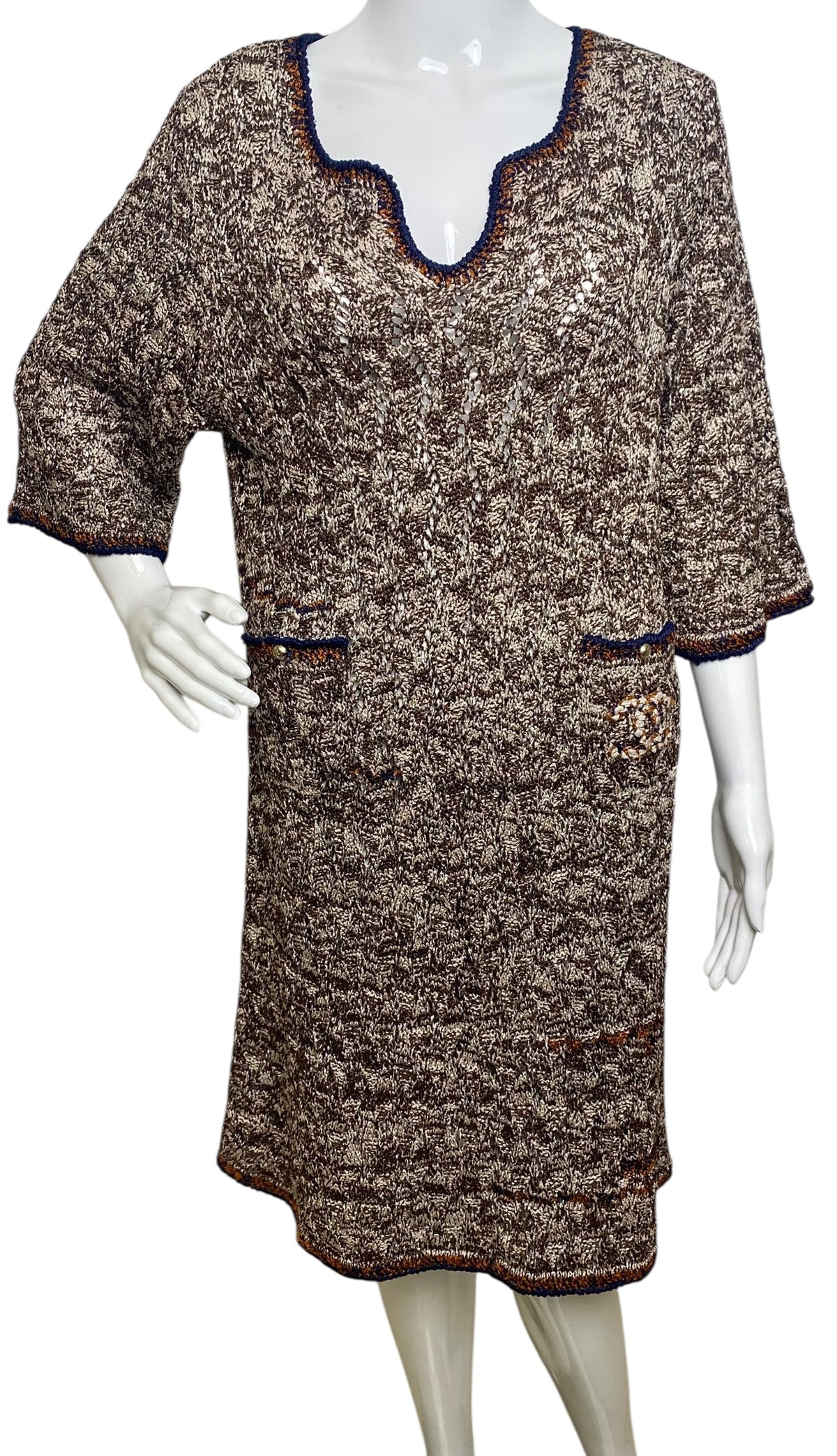 Chanel Brown Orange Navy CC Knit Crochet Dress FR 46