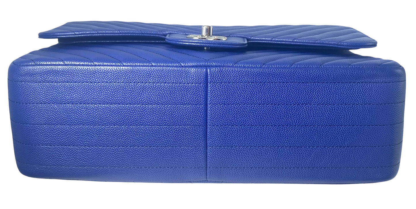 Chanel 2019 Bright Blue Caviar Chevron Quilted Jumbo Double Flap Timeless Classic Bag SHW