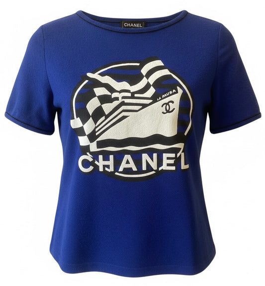 Chanel 19C La Pausa Runway Blue Blouse Top Shirt FR 42