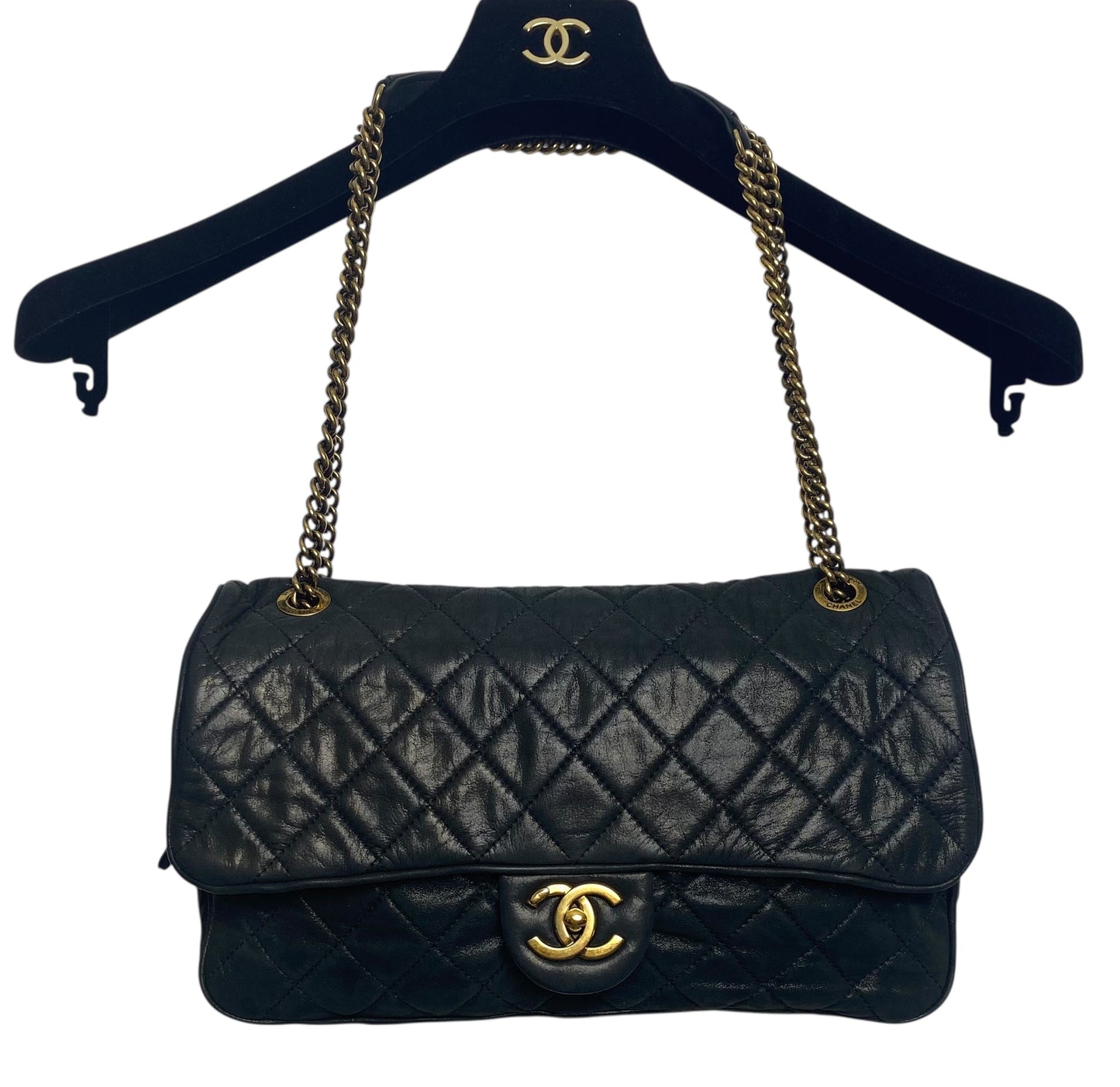 Chanel 2013 Black Quilted Iridescent Calfskin Shiva Jumbo Classic Flap Bag Gold Hardware