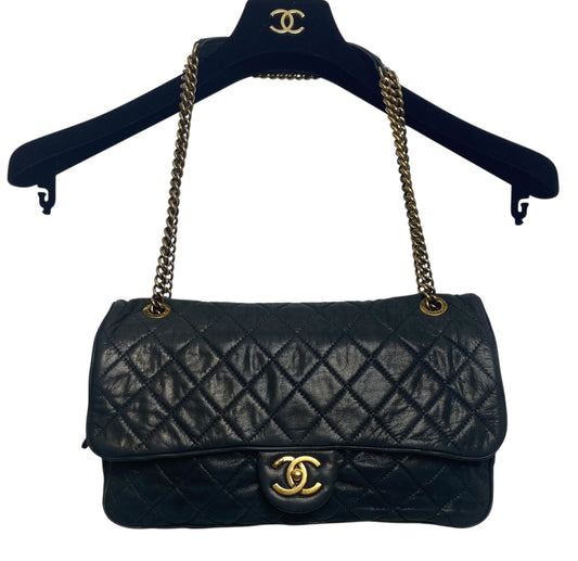 Chanel 2013 Black Quilted Iridescent Calfskin Shiva Jumbo Classic Flap Bag Gold Hardware
