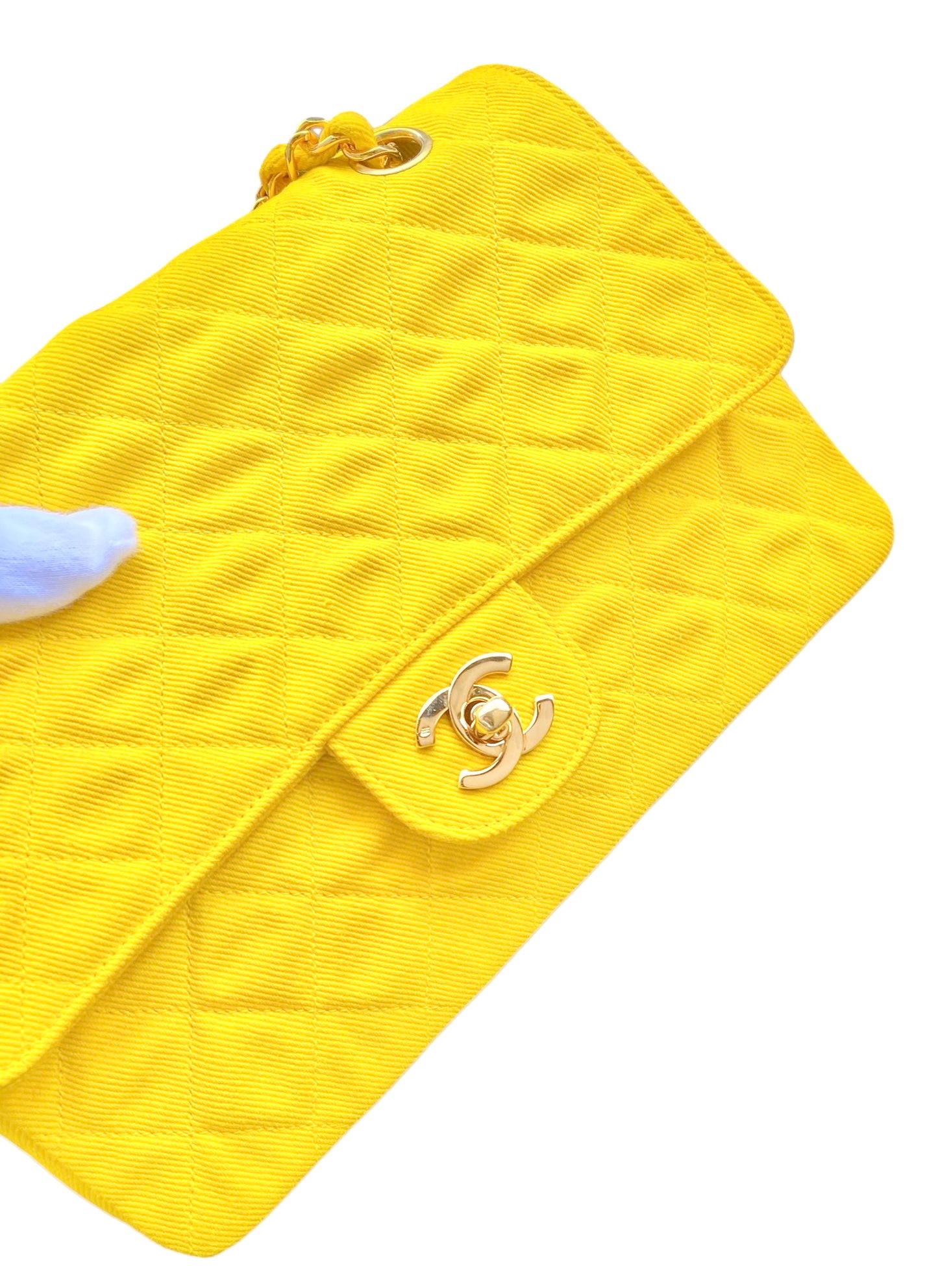 Vintage Chanel 1992 Yellow Denim Medium Classic Flap Bag 24K Gold Hardware