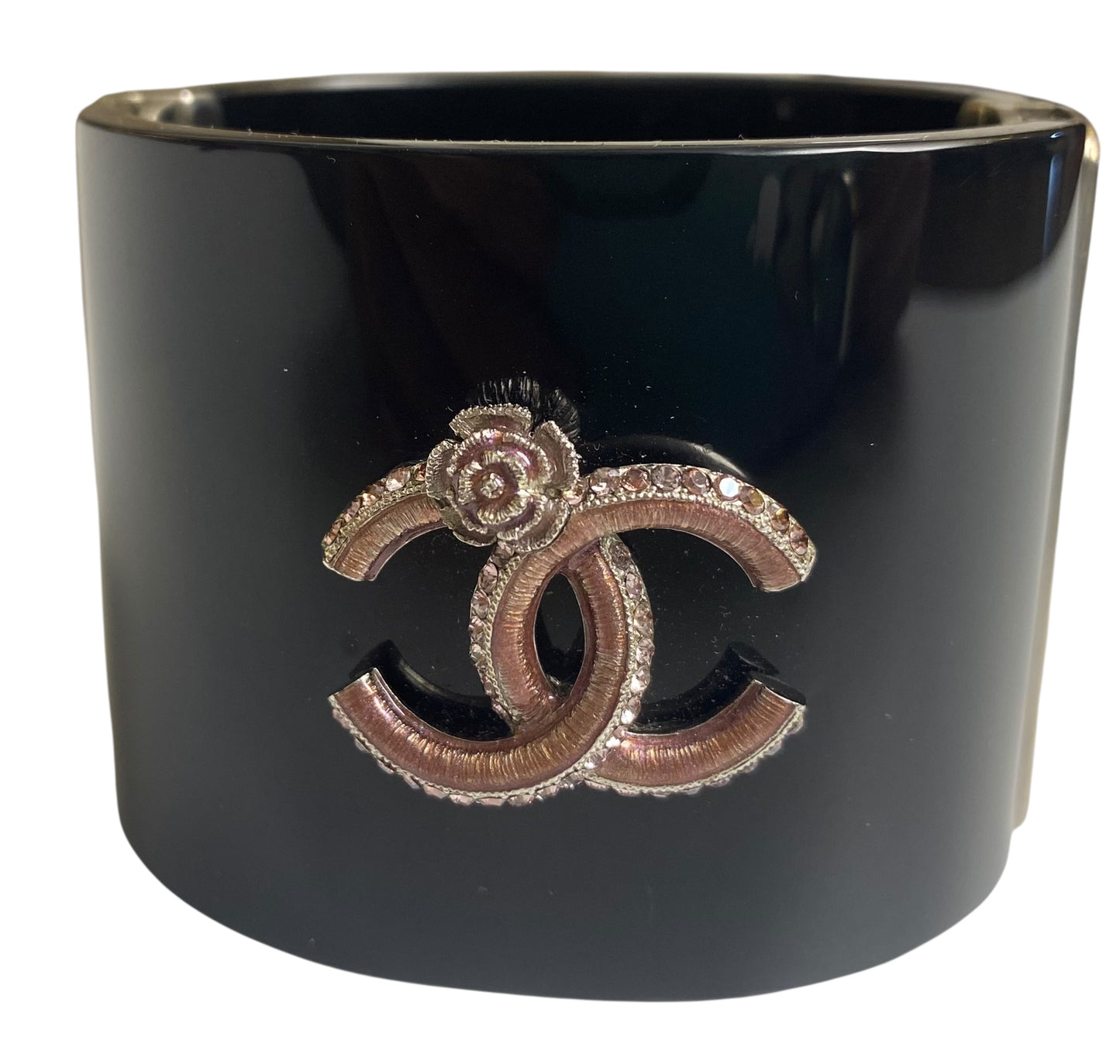 Rare Chanel 12P Black Pink Crystals Camellia Flower Double Sided CC Cuff Bracelet