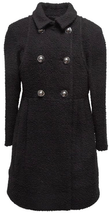 Chanel 17A Space Station Black Boucle Wool Double Breast Long Wool Coat FR 38