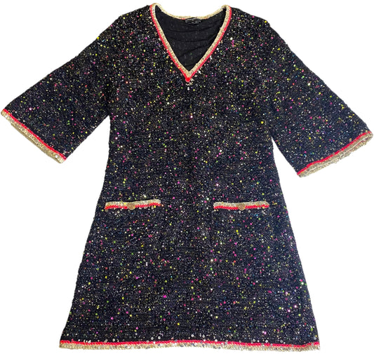 Chanel 24C Black Pink White Knit Multicolor Sequin Dress FR 40