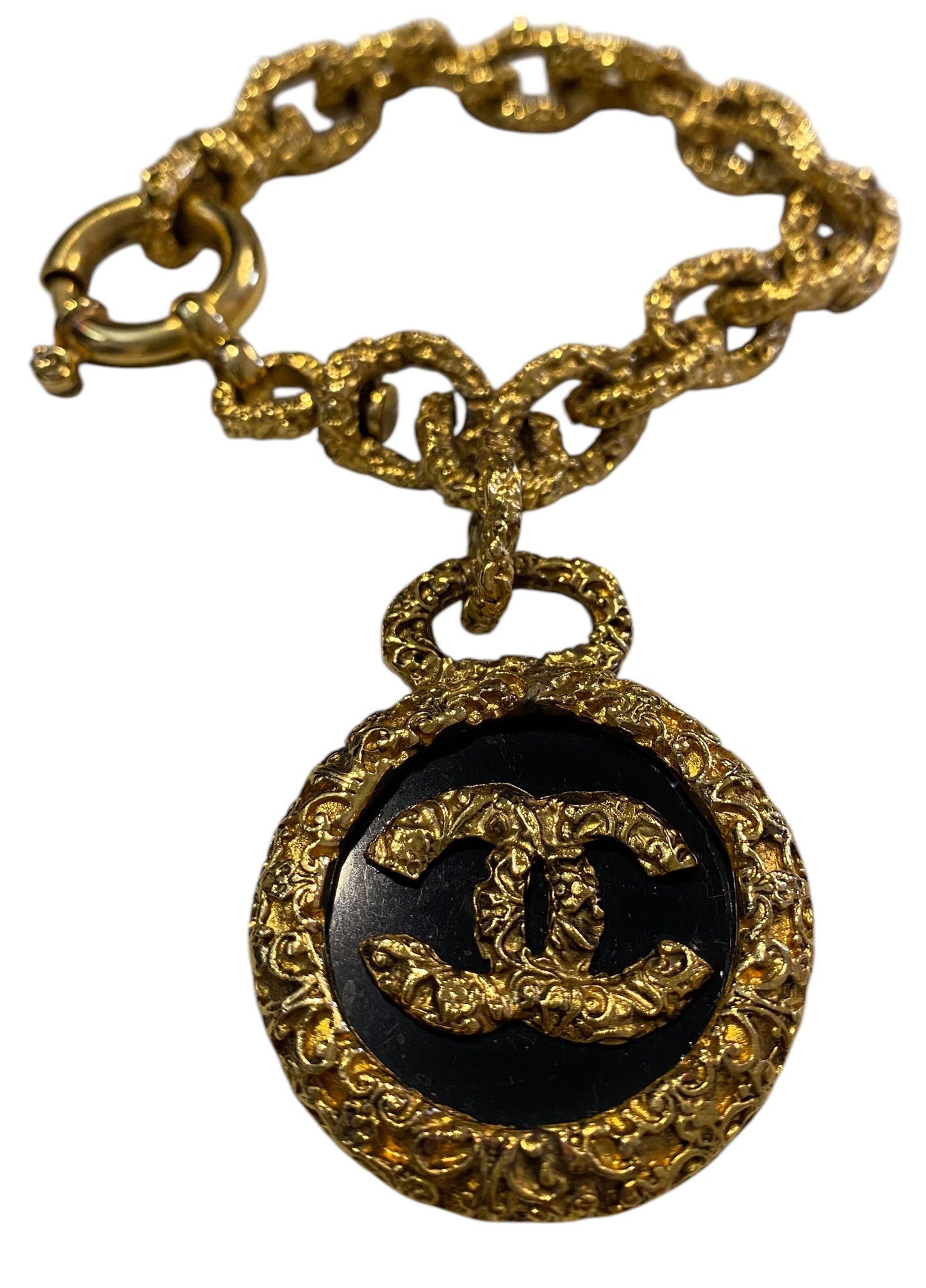 Chanel 93A Large Gold Metal Black Onyx Medallion CC Florentine Bracelet & Earrings SET