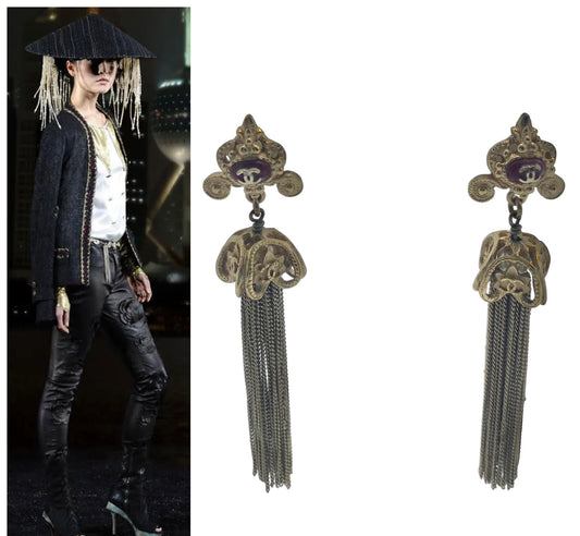 RARE Chanel 10A Paris Shanghai Gold-Tone Red Enamel Long Chain Tassel Drop Earrings