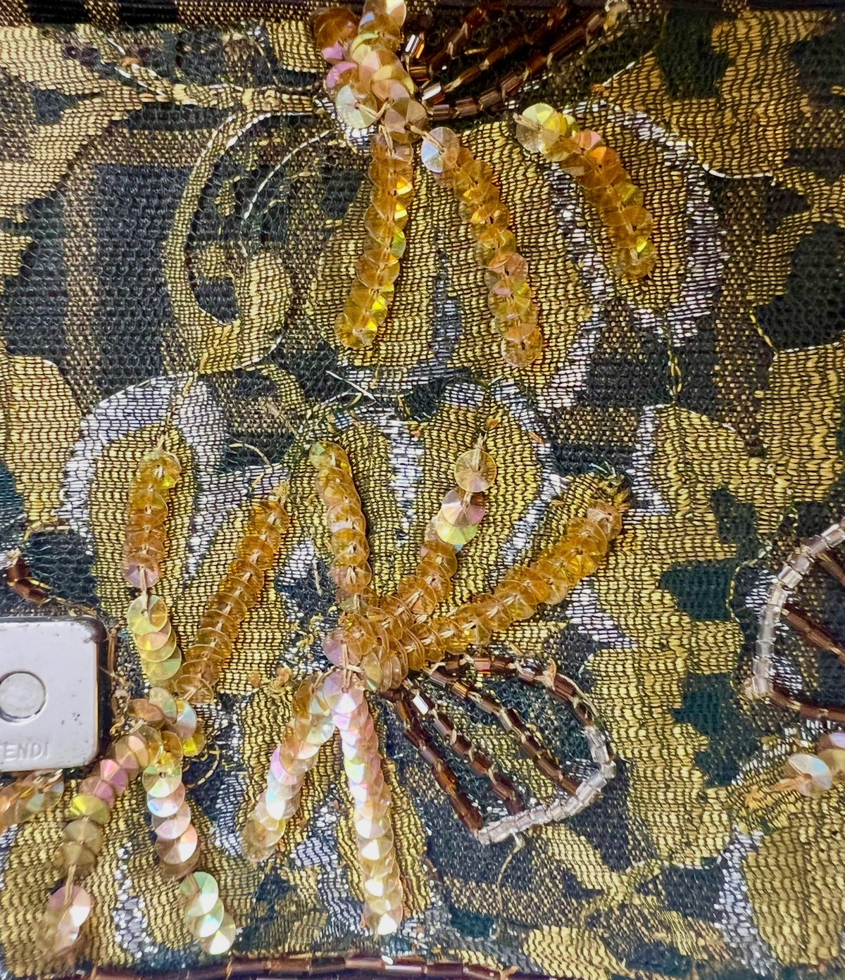 Rare Fendi Vintage Floral Lace Bead Embroidered Classic Zucca Baguette Bag