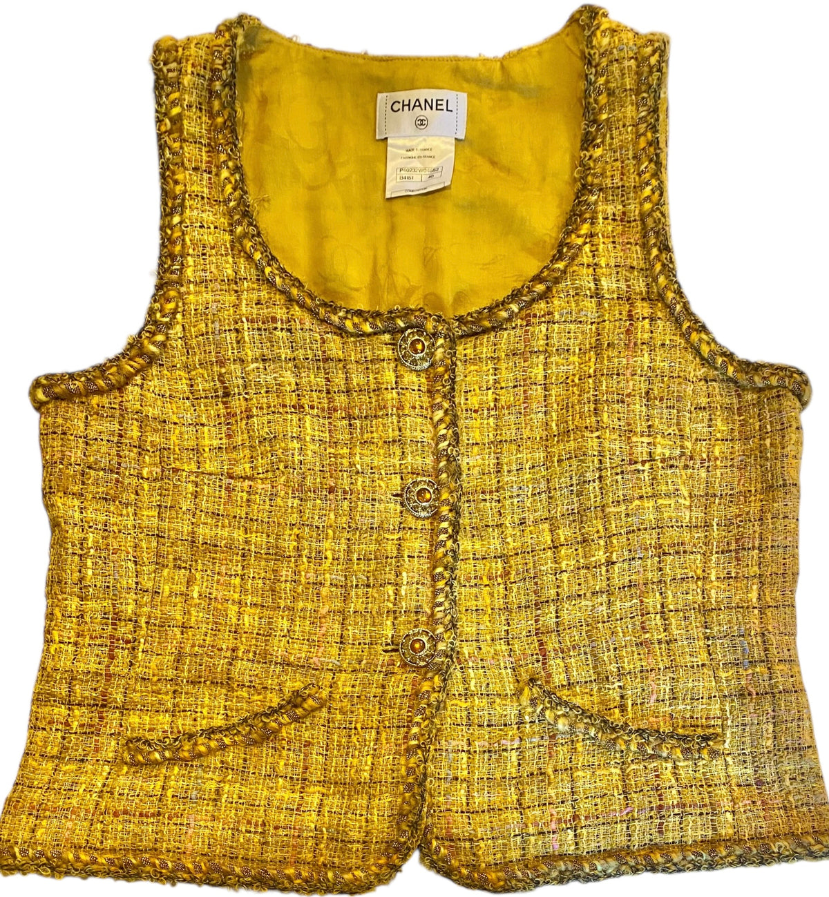 Chanel Iconic 11C Saint-Tropez Yellow Multicolor Tweed Gripoix Waistcoat Vest FR 40