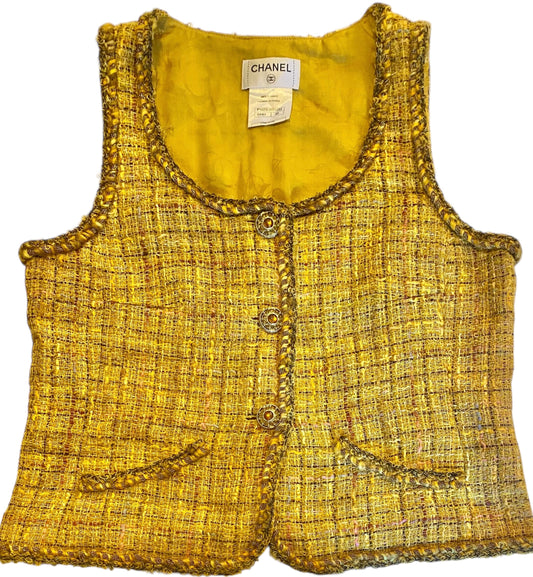 Chanel Iconic 11C Saint-Tropez Yellow Multicolor Tweed Gripoix Waistcoat Vest FR 40